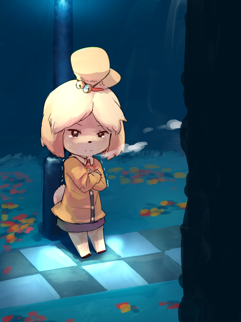 1girl animal_crossing animal_ears animal_nose bell blonde_hair breath cardigan checkered_floor cold commentary_request dark dog_ears dog_girl dog_tail frown furry furry_female green_skirt hair_bell hair_ornament highres isabelle_(animal_crossing) jingle_bell lamppost leaf long_sleeves looking_at_viewer miniskirt night outdoors pencil_skirt samidare_(hoshi) shirt short_hair skirt solo split_mouth standing tail tears tied_hair tile_floor tiles topknot trembling white_shirt yellow_cardigan