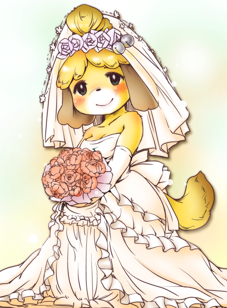 1girl alternate_costume animal_crossing animal_ears animal_nose bare_shoulders blonde_hair blush body_fur bouquet breasts bridal_veil bride cleavage commentary_request dog_ears dog_girl dog_tail dress elbow_gloves flower frills furry furry_female gloves happy holding holding_bouquet isabelle_(animal_crossing) looking_at_viewer pink_flower pink_rose rose setouchi_kurage smile solo strapless strapless_dress tail veil wedding_dress white_gloves yellow_fur