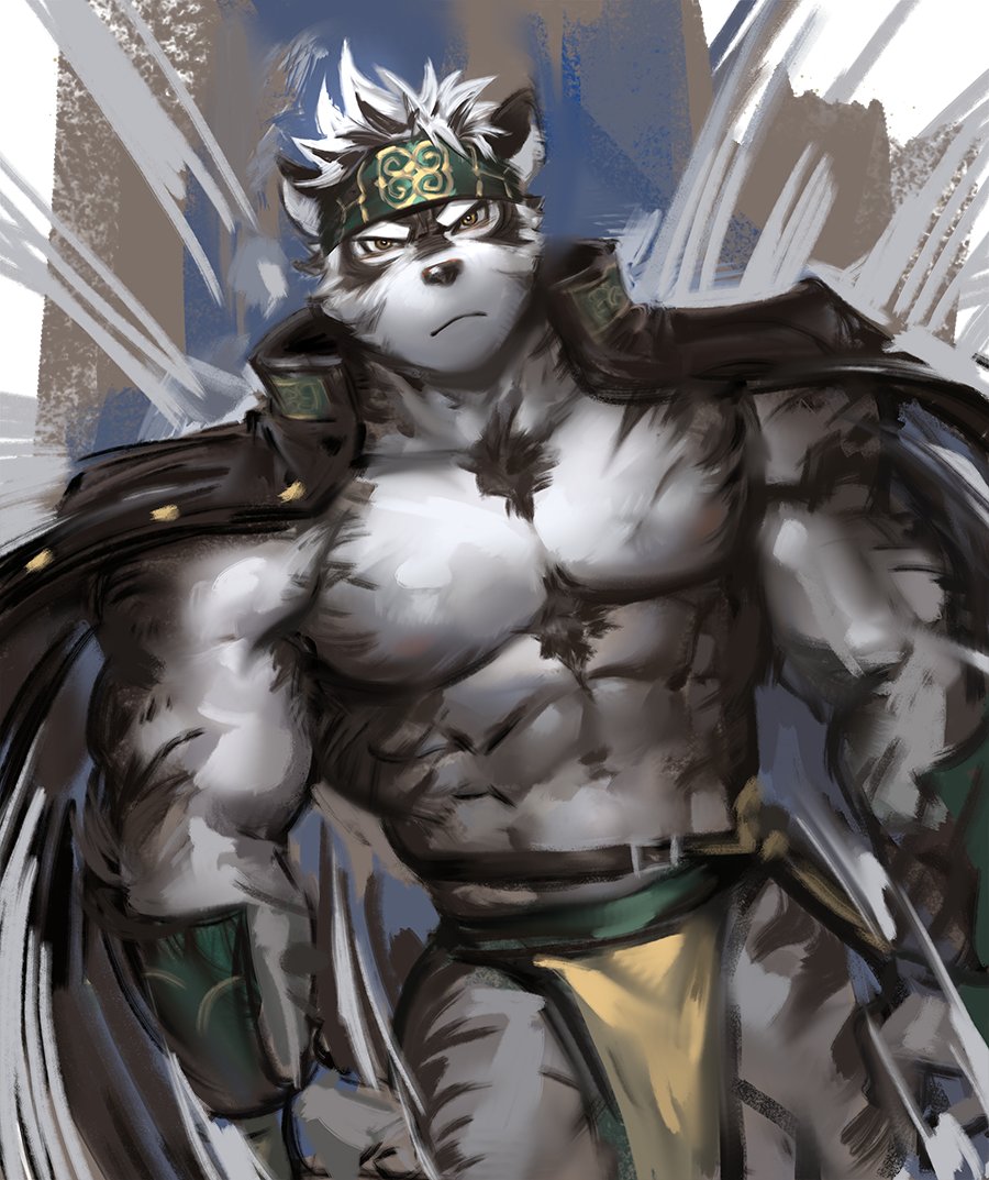 accessory anthro biped black_clothing black_jacket black_topwear bottomwear canid canine canis clothed clothing dopq fur grey_body grey_fur headband horkeukamui jacket lifewonders loincloth male mammal muscular muscular_anthro muscular_male nipples pecs solo tokyo_afterschool_summoners topwear video_games wolf