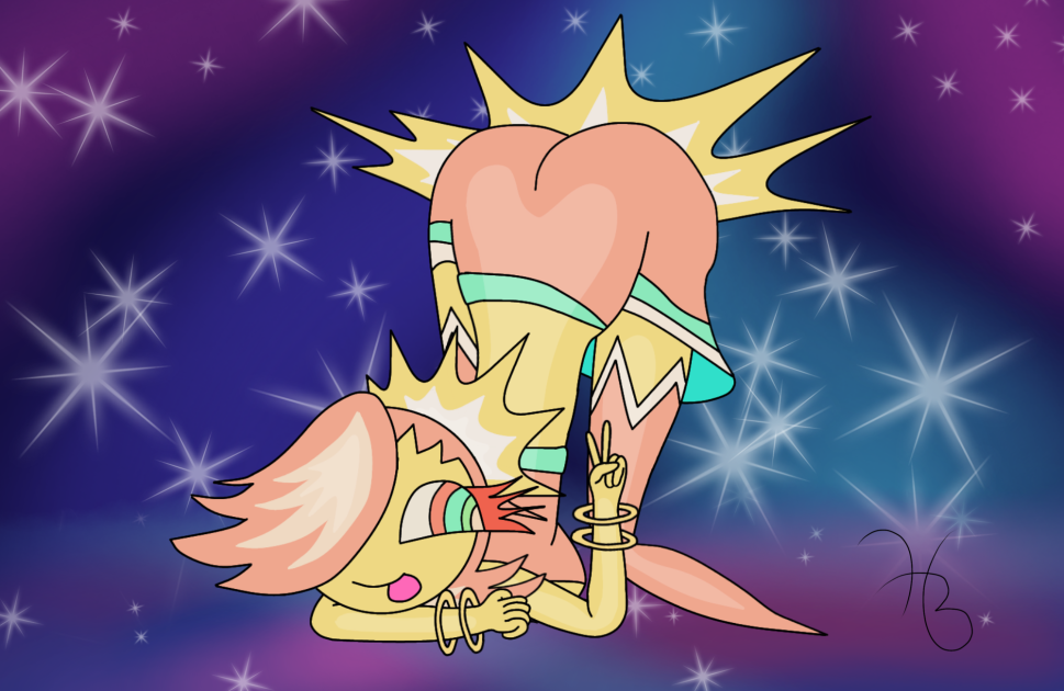2_fingers armband ass_up butt clothing cosmic_background cosmic_being female fingers hair hair_over_eye humanoid jack-o'_pose legwear liquid_body one_eye_obstructed pointy_feet pose sky solo star starry_sky supernova_shakedown tongue tongue_out unknown_artist yellow_body yellow_skin