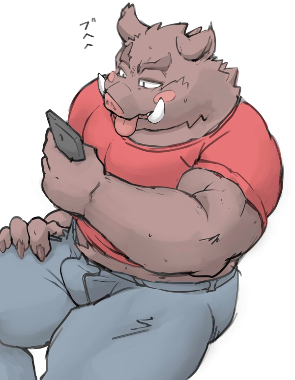 2021 anthro bottomwear brown_body bulge cellphone clothing humanoid_hands japanese_text kemono male mammal meg_hoi oink oinking overweight overweight_male pants phone shirt simple_background sitting smartphone solo suid suina sus_(pig) text tongue tongue_out topwear translated white_background wild_boar