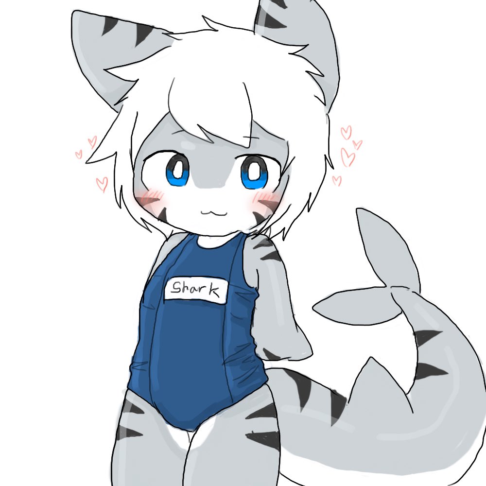 &lt;3 ambiguous_gender anthro apron black_stripes blue_eyes blush blush_lines changed_(video_game) chano clothing fin fish grey_body hair marine multicolored_body name_tag shark shark_tail simple_background solo stripes the_shark_(changed) white_background white_body white_hair