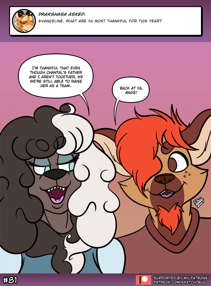 anthro beard blue_eyes brown_eyes canid canine canis domestic_dog english_text evangeline_claire eye_contact facial_hair female hair hyaenid looking_at_another male mammal mature_female multicolored_hair poodle red_hair sketchybug text