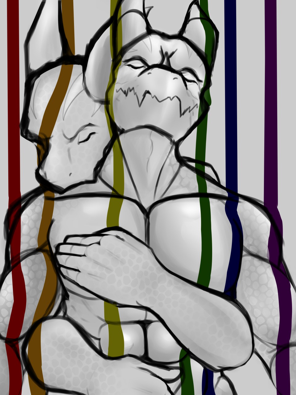 3:4 abs anthro biceps cuddling dragon duo embrace eye_ridges eyes_closed fingers hi_res horn hug hugging_from_behind intimate lgbt_pride male markings multicolored_markings muscular muscular_male obliques pecs rainbow_markings shoutless waist_up