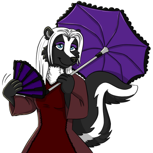 1:1 anthro blue_eyes clothing fan_(disambiguation) foxyruby friendly fur mammal mephitid red_clothing skunk smile strolling tail_motion tailwag telegram_stickers twillight umbrella