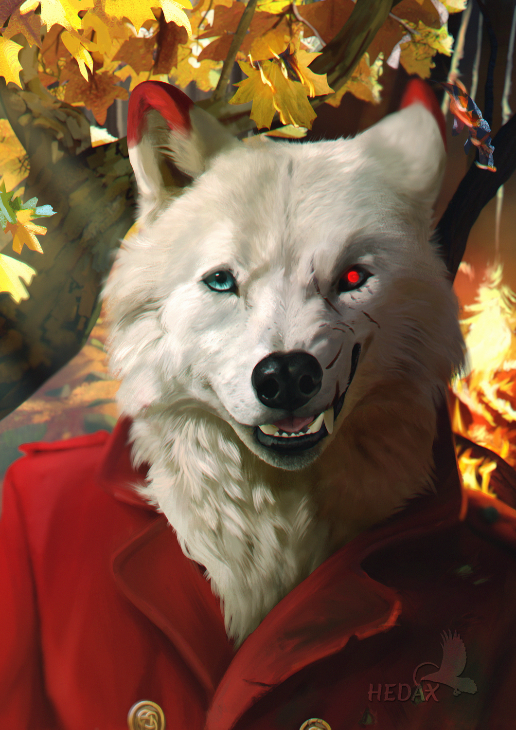 anthro autumn canid canine canis detailed_background duality fire forest fur greatcoat hi_res jack_belinski male mammal plant portrait realistic smile snarling solo tree white_body white_fur wolf