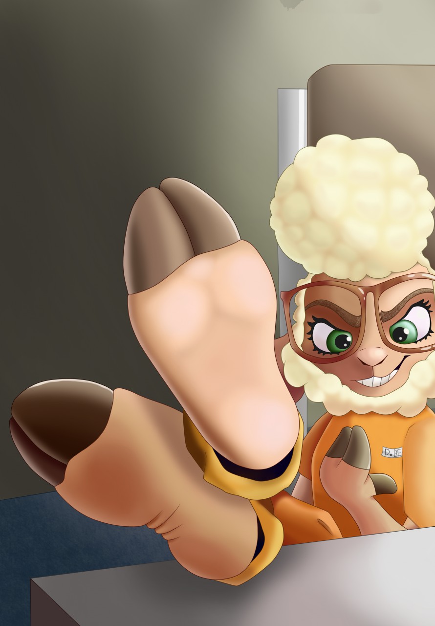 2_toes 3_fingers anthro bovid caprine chair cloven_hooves dawn_bellwether disney eyelashes feet feet_up female fingers foot_fetish foot_focus furniture green_eyes hi_res hooffoots hooves lemmygetto lemmygetton mammal prison_jumpsuit prison_uniform sheep sitting smile smirk soles solo toes underhoof zootopia