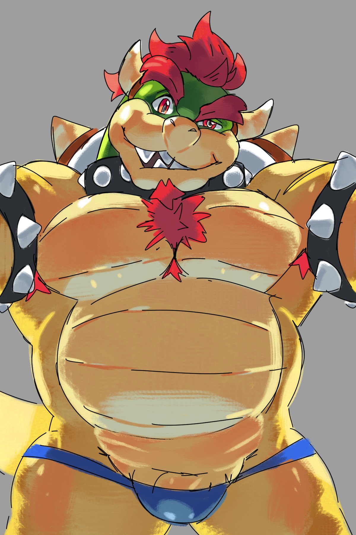 2021 2:3 anthro armband armpit_hair beard belly big_muscles body_hair bowser bulge chest_hair clothing collar eyebrows facial_hair flaccid front_view genitals grey_background hair hi_res horn ineffective_clothing koopa looking_at_viewer male mario_bros musclegut muscular muscular_anthro muscular_male nintendo pecs penis raised_eyebrow scalie seductive shell simple_background smile smirk solo spiked_armband spiked_collar spiked_shell spikes spikes_(anatomy) standing teeth thong tight_clothing underwear vestforlast video_games