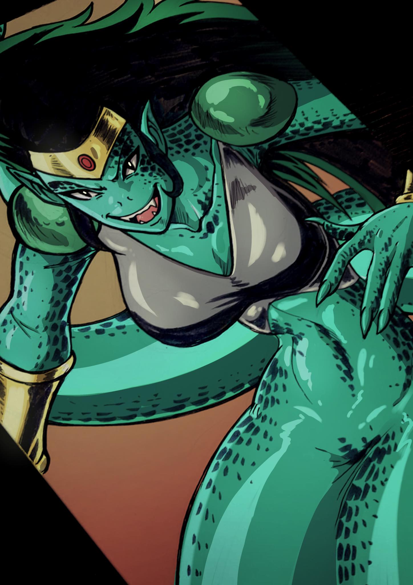 armor chochi crown fangs galathea green_body green_hair hair hi_res humanoid_face long_hair looking_at_viewer reptile scalie simple_background smile snake solo tiara