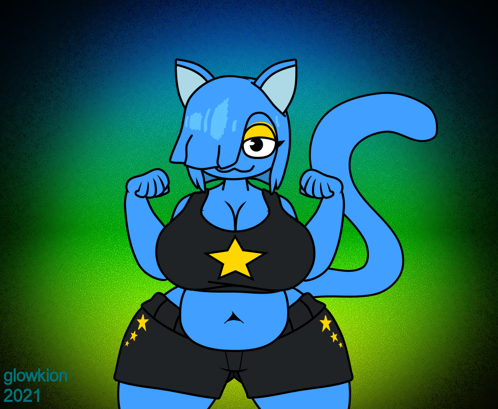 2021 5_fingers :3 anthro bangs belly belly_overhang big_breasts blue_hair bottomwear breasts cleavage clothed clothing crop_top curvy_figure deep_navel digital_media_(artwork) domestic_cat eyelashes eyeshadow felid feline felis female fingers front_view glowkion_(artist) gradient_background hair hair_over_eye looking_at_viewer makeup mammal midriff milki_max narrowed_eyes navel noseless one_eye_obstructed paw_pose pose shirt shorts simple_background slightly_chubby smile solo standing tank_top thick_thighs topwear voluptuous wide_hips