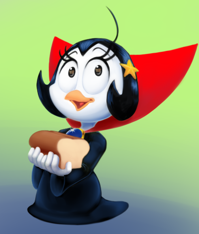 2021 anatid anseriform anthro avian beak billboi bird black_hair bread cloak clothing disney donald_duck_comics duck female food gradient_background hair looking_at_viewer open_mouth princess_reginella shaded_color simple_background solo tongue