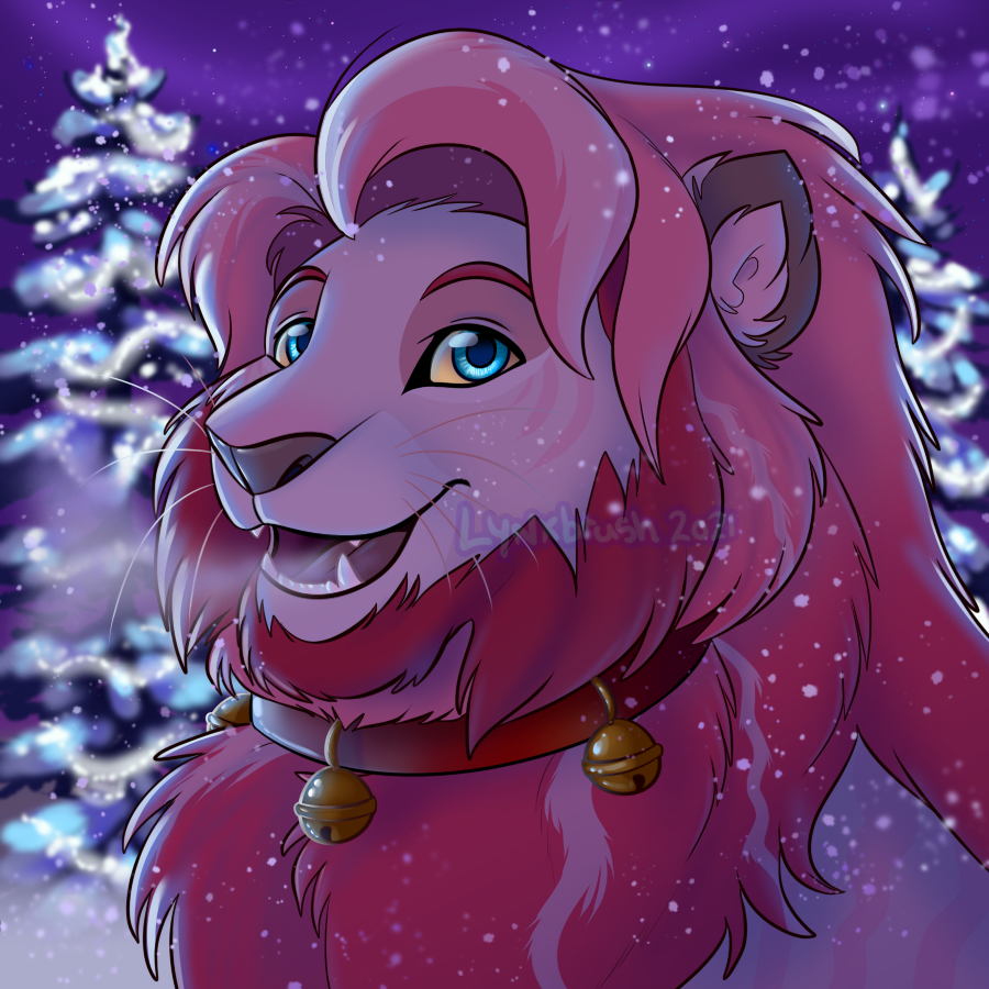 1:1 2021 ajani_(asonix) bell bell_collar blue_eyes christmas christmas_lights christmas_tree collar evening eyebrows facial_hair facial_tuft felid feral grey_nose grey_outer_ear hair happy_holidays highlights_(coloring) holidays lion lynxbrush male mammal mane mane_hair night open_mouth pantherine pink_ears pink_eyebrows pink_hair pink_highlights pink_mane pink_stripes pink_whiskers plant red_collar seasonal sideburns snow snow_on_trees snowing snowing_outside solo star stripes tree winter