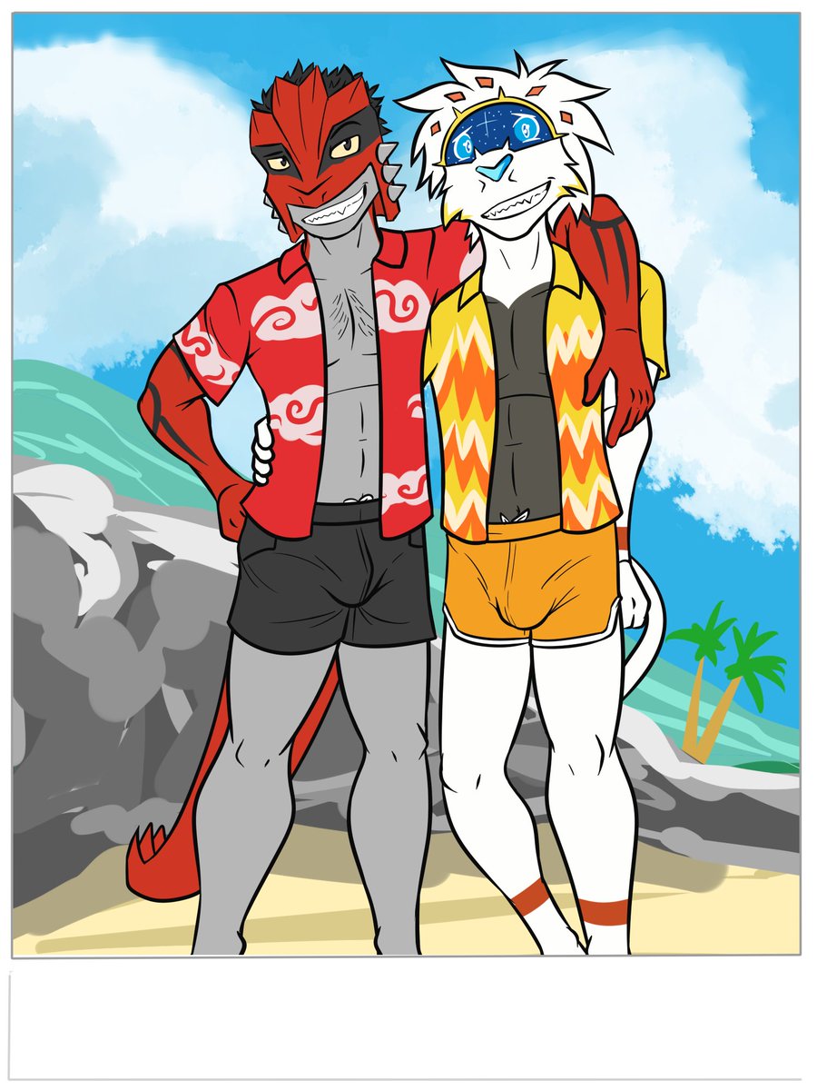 3:4 anthro anthrofied arm_around_shoulders arm_around_waist beach body_hair bulge chest_hair clothed clothing duo fuze grin groudon hi_res legendary_pok&eacute;mon male nintendo open_clothing open_shirt open_topwear outside palm_tree plant pok&eacute;mon pok&eacute;mon_(species) pok&eacute;morph polaroid seaside shirt smile solgaleo swimming_trunks swimwear topwear tree video_games