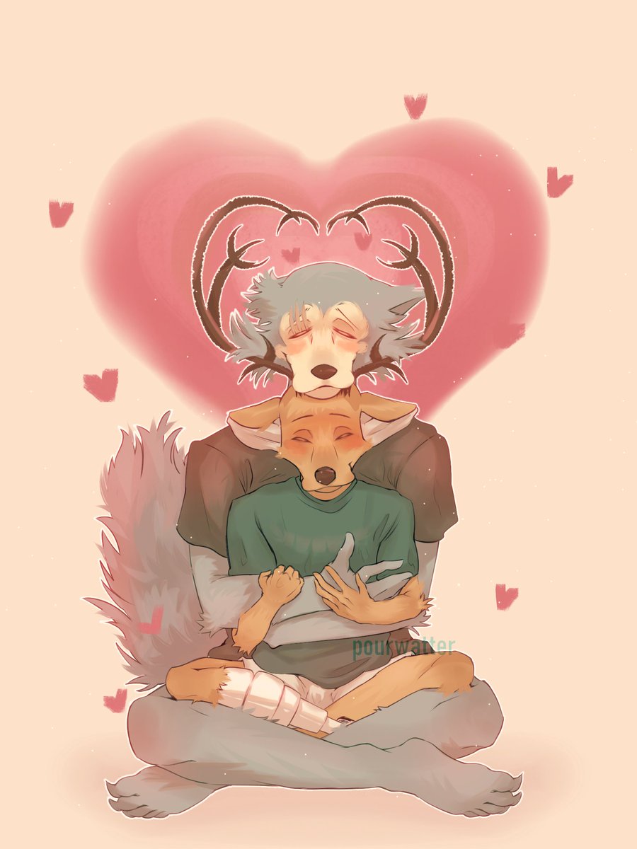 &lt;3 anthro arm_grab beastars blush bottomwear canid canine canis cervid cervine clothed clothing cuddling duo embrace eyes_closed happy head_on_head hi_res hug hugging_from_behind legoshi_(beastars) louis_(beastars) love male male/male mammal on_lap pourwatter prosthetic prosthetic_leg prosthetic_limb red_deer romantic romantic_couple shirt shorts sitting sitting_on_lap smile topwear wolf