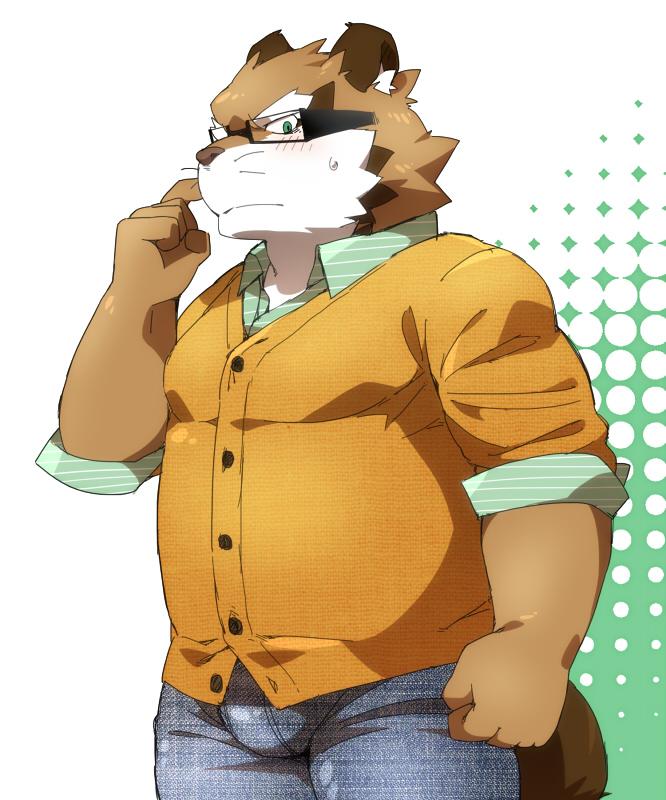 2014 anthro blush bodily_fluids bottomwear brown_body brown_fur canid canine clothing eyewear fur glasses humanoid_hands kemono male mammal nikiciy pants raccoon_dog ryokuichi_(nikiciy) shirt slightly_chubby solo sweat tanuki topwear