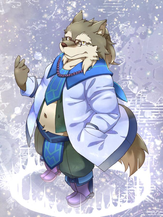 2015 3:4 anthro belly canid canine canis clothed clothing eyewear fur glasses grey_body grey_fur humanoid_hands kemono male mammal navel nikiciy overweight overweight_male wolf