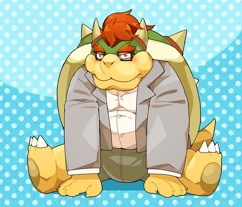 2014 anthro blush bodily_fluids bottomwear bowser clothing eyewear glasses humanoid_hands kemono koopa male mario_bros nikiciy nintendo overweight overweight_male scalie shirt shorts sitting solo sweat topwear video_games