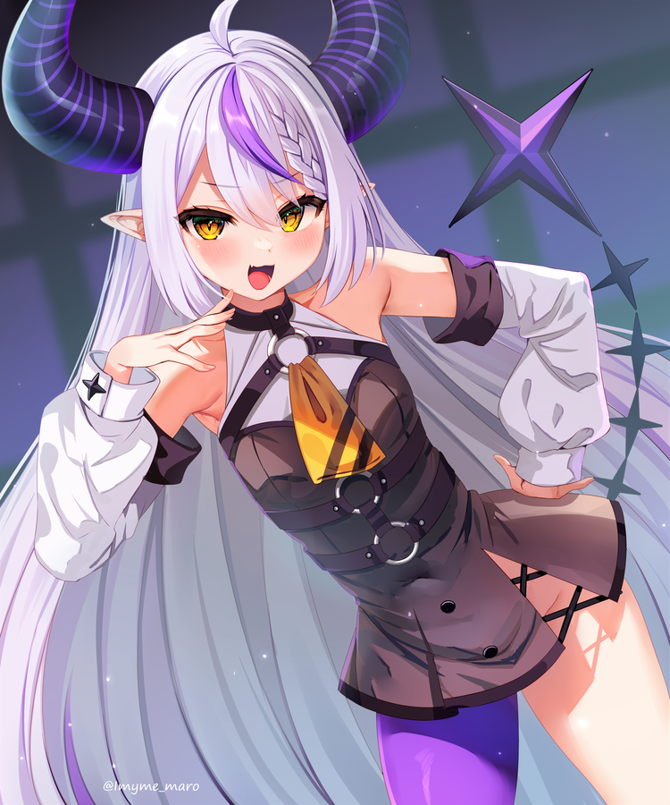 breasts clothed clothing female hair hololive horn horned_humanoid humanoid humanoid_pointy_ears laplus_darkness long_hair marota no_underwear not_furry small_breasts solo virtual_youtuber young