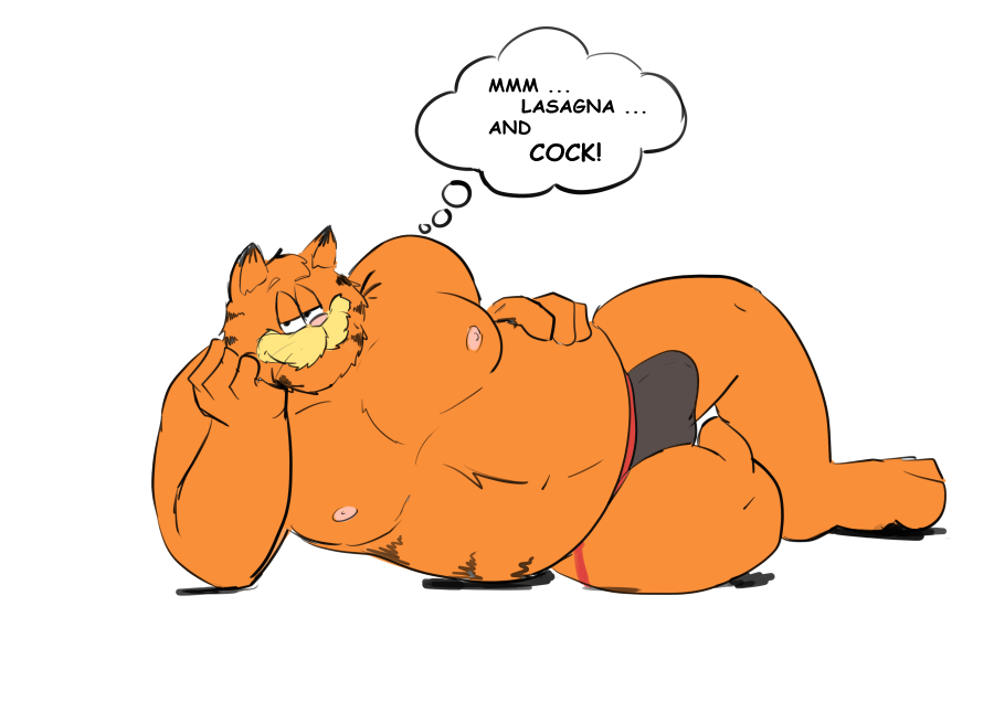 anthro belly bulge clothed clothing domestic_cat erection erection_under_clothing felid feline felis fur garfield_(series) garfield_the_cat hickeybickeyboo humor jockstrap male mammal musclegut nipples orange_body orange_fur overweight pecs solo thought_bubble underwear