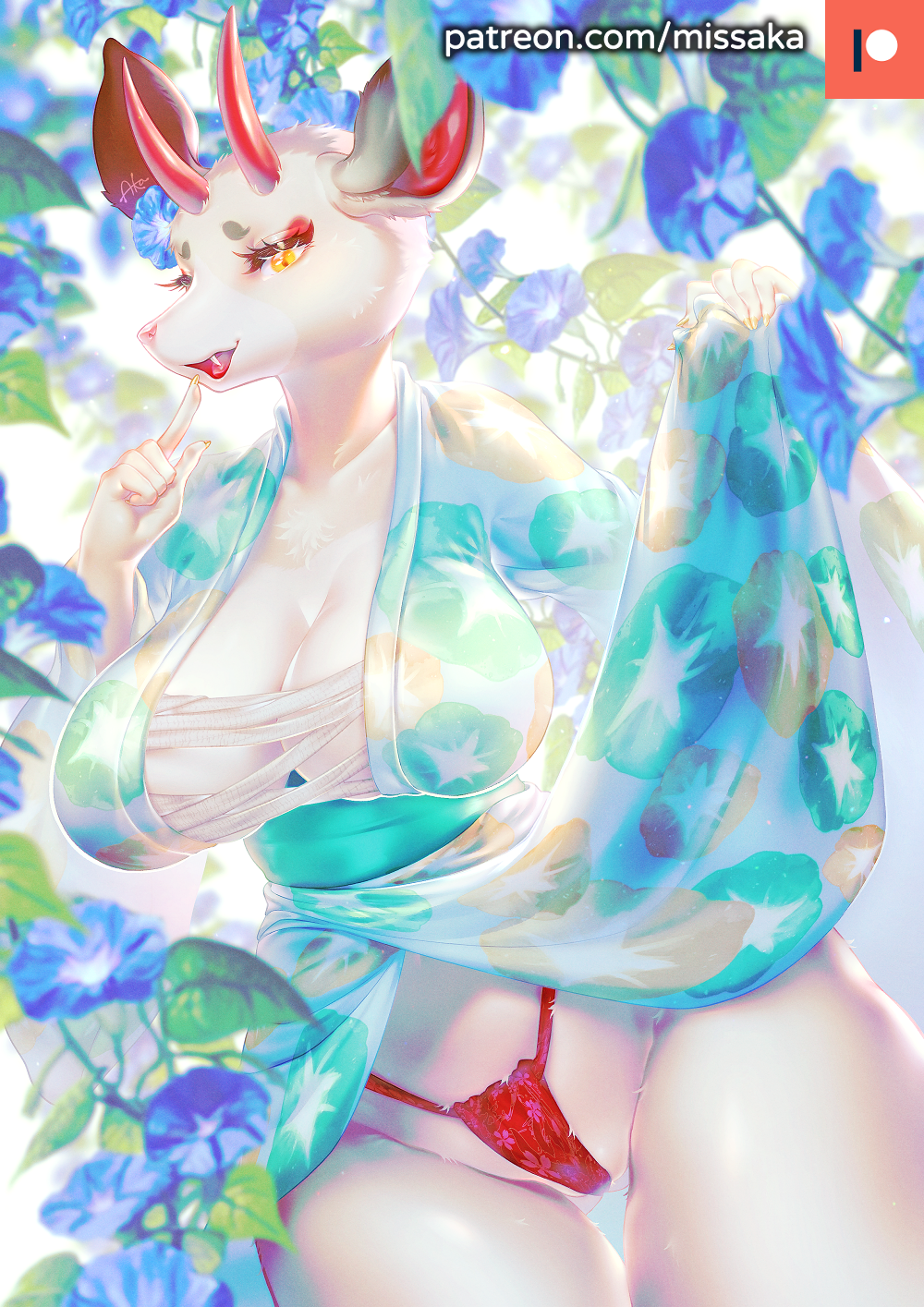 2021 5_fingers animal_crossing anthro asian_clothing big_breasts breasts cervid clothed clothing clothing_lift east_asian_clothing eyelashes female fingers flower flower_on_head hi_res horn japanese_clothing kimono mammal missaka nintendo panties patreon patreon_logo plant shino_(animal_crossing) solo text underwear url video_games yellow_eyes