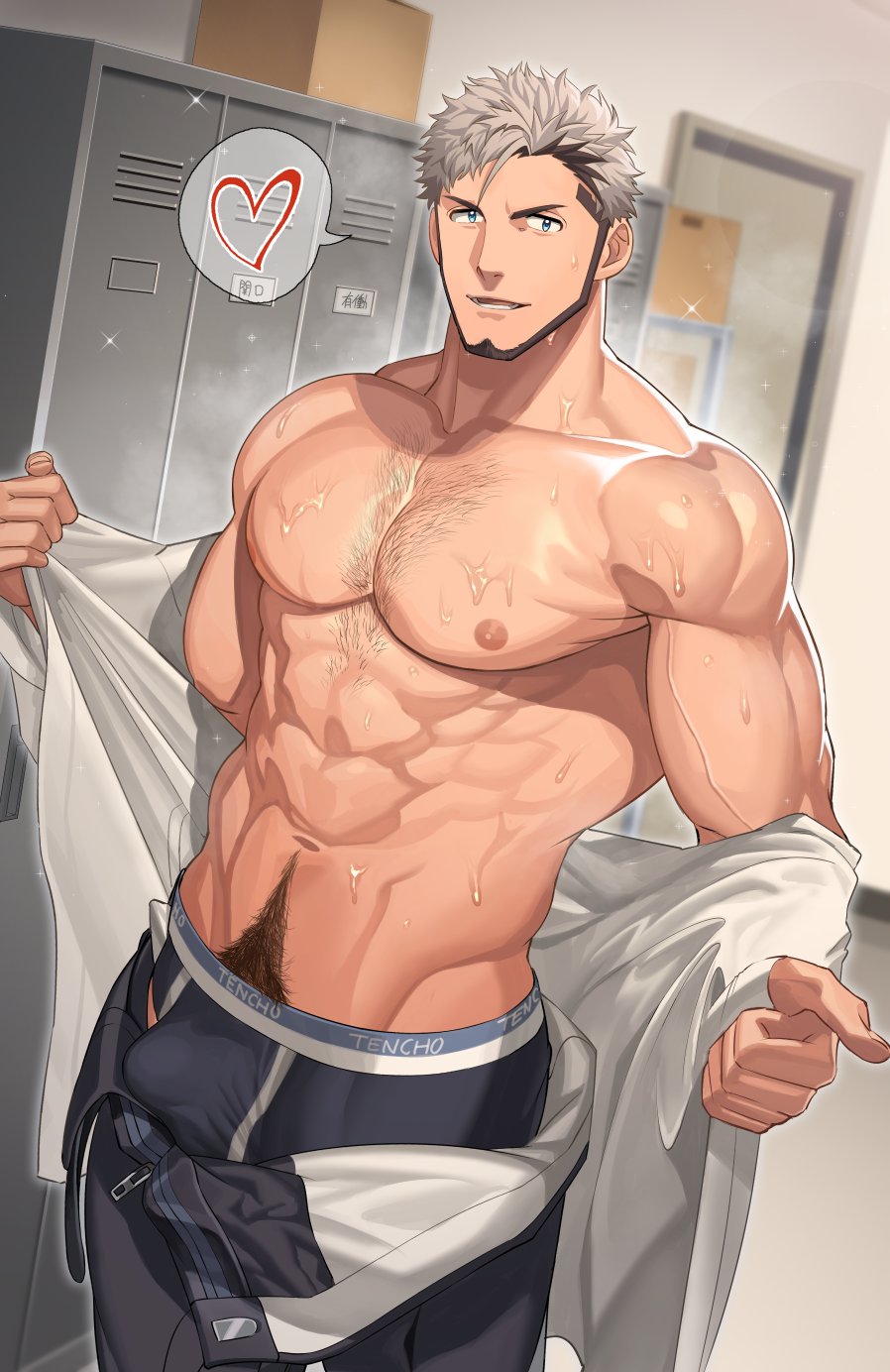 1boy abs bara blue_eyes facial_hair highres locker locker_room looking_at_viewer male_focus mature_male muscular muscular_male nipples nullq_q original pectorals short_hair solo sweat undressing white_hair