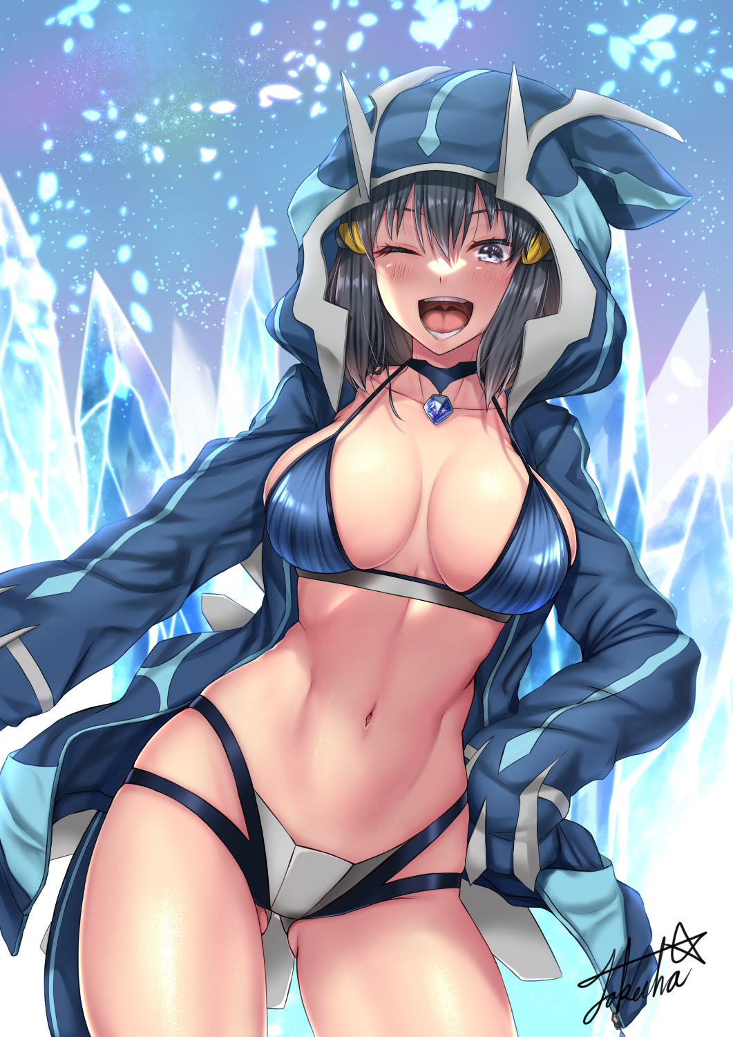 1girl ;d ass_visible_through_thighs bangs bikini black_hair blue_bikini blue_choker blue_hoodie blush breasts character_hood choker cleavage collarbone commentary_request cowboy_shot dawn_(pokemon) dialga eyebrows_visible_through_hair fake_tail grey_eyes hair_between_eyes hair_ornament hairclip hands_up hat highleg highleg_bikini highres hood hood_up hoodie ice large_breasts long_hair looking_at_viewer multi-strapped_bikini navel one_eye_closed open_clothes open_hoodie open_mouth partial_commentary pokemon pokemon_(game) pokemon_dppt sidelocks sign simple_background smile solo stomach swimsuit tail takecha teeth