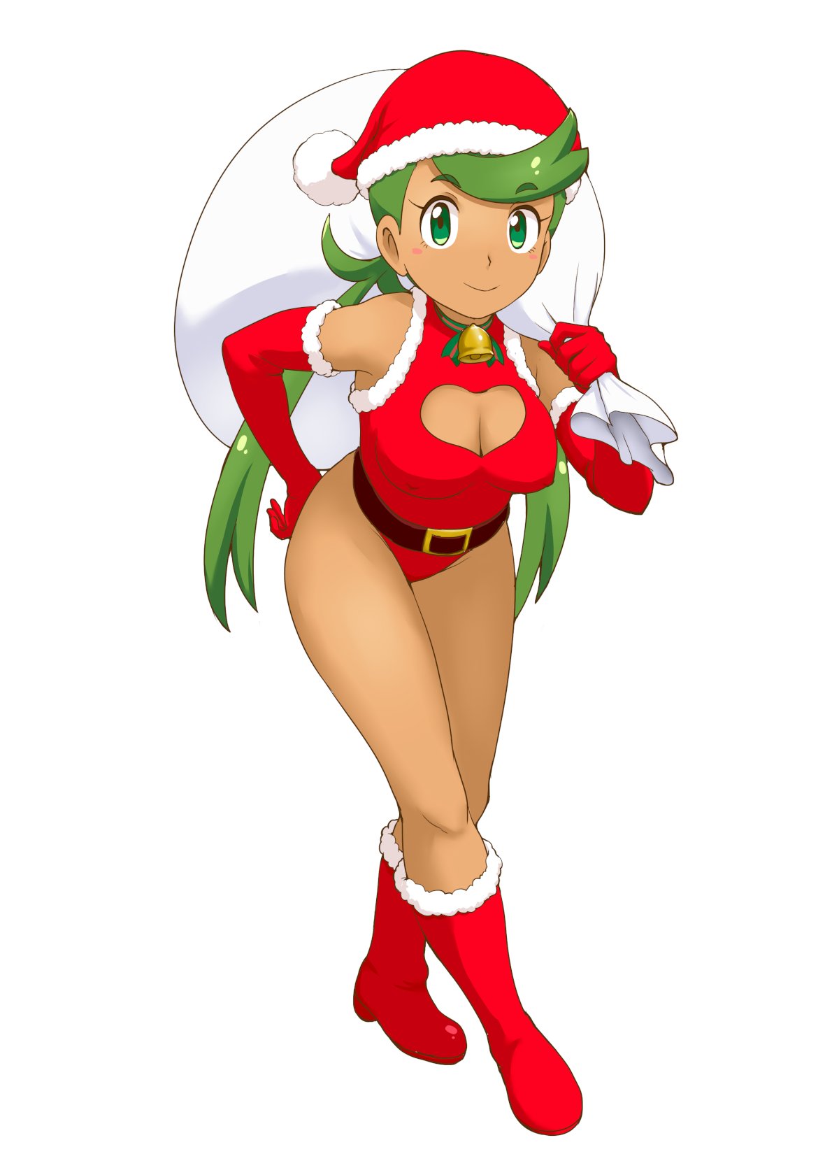 1girl bangs bell belt black_belt boots breasts christmas cleavage_cutout closed_mouth clothing_cutout commentary_request dark-skinned_female dark_skin elbow_gloves full_body fur-trimmed_leotard gloves green_eyes green_hair hand_on_hip hat heart_cutout highres holding holding_sack leaning_forward leotard long_hair looking_at_viewer low_twintails mallow_(pokemon) medium_breasts neck_bell over_shoulder pokemon red_footwear red_gloves red_headwear red_leotard sack santa_boots santa_costume santa_gloves santa_hat simple_background sleeveless smile solo standing swept_bangs tof twintails white_background