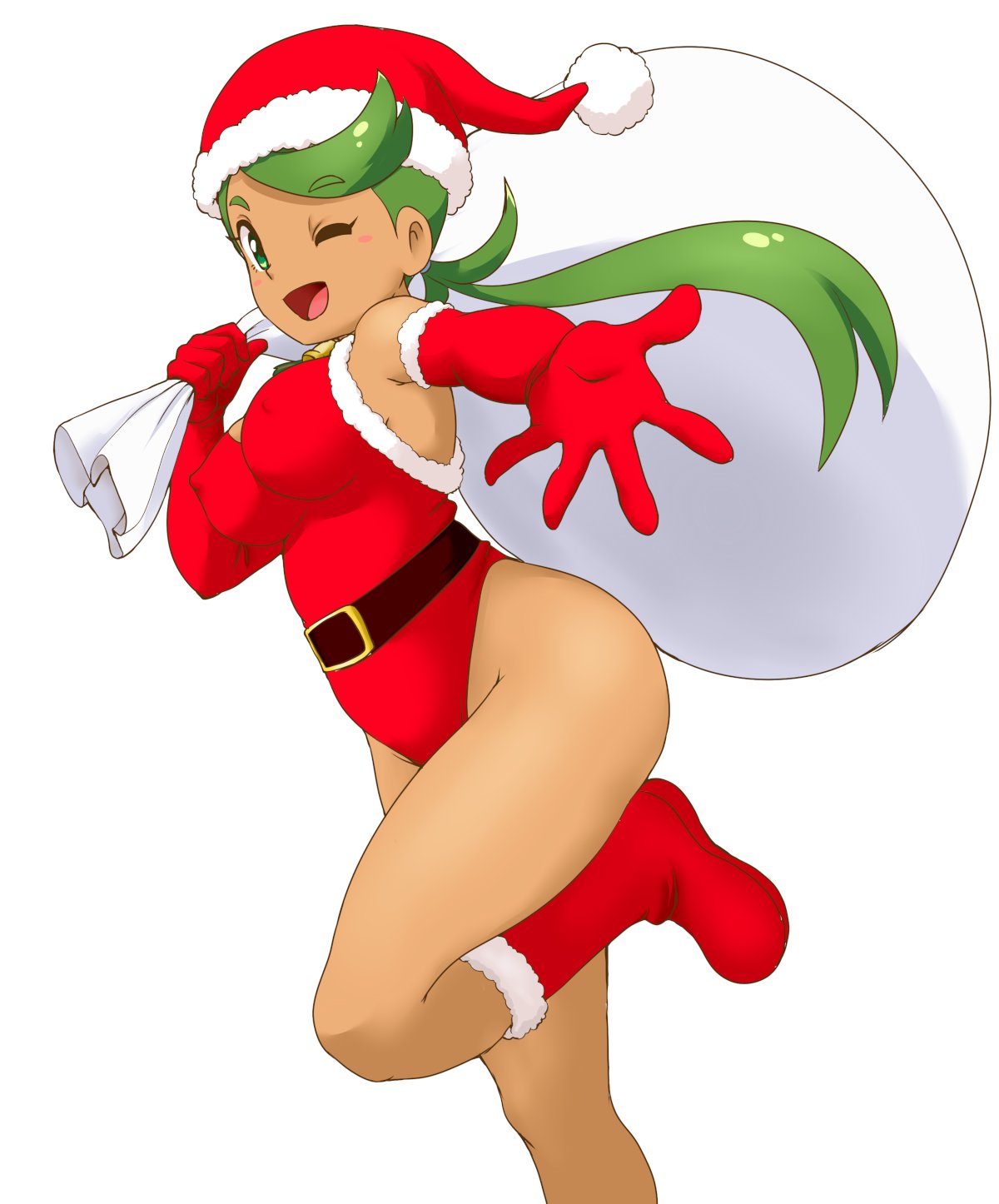 1girl ;d bangs bell belt black_belt boots breasts christmas commentary_request covered_nipples dark-skinned_female dark_skin eyebrows_visible_through_hair fur-trimmed_leotard green_eyes green_hair hat highres holding holding_sack leaning_forward leg_up legs leotard long_hair looking_at_viewer low_twintails mallow_(pokemon) medium_breasts neck_bell one_eye_closed open_mouth over_shoulder pokemon reaching_out red_footwear red_headwear red_leotard sack santa_boots santa_costume santa_hat simple_background sleeveless smile solo squatting standing standing_on_one_leg swept_bangs tof twintails white_background
