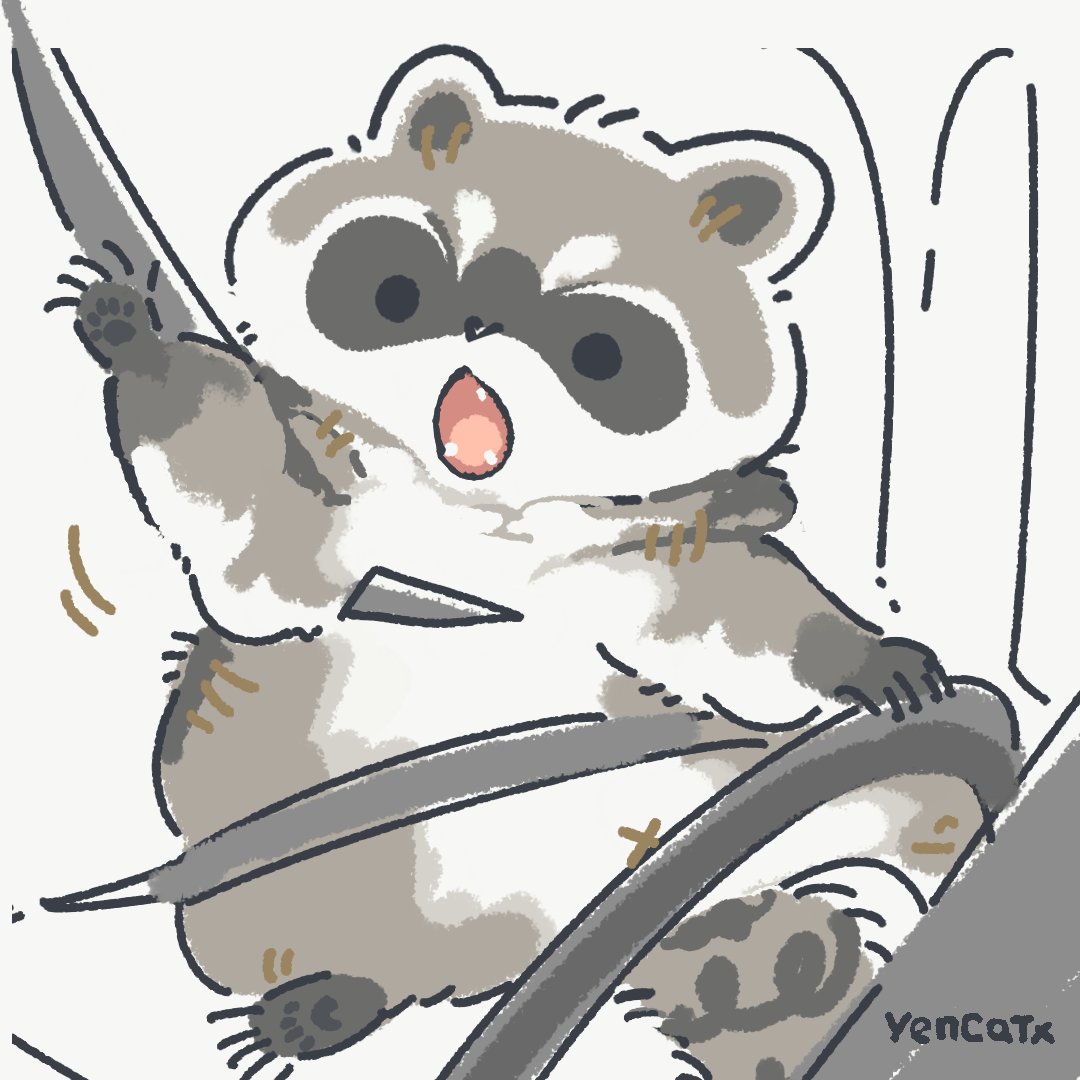 2021 biped black_eyes black_nose car chibi dot_eyes driving feral grey_body inside_car mammal navel procyonid raccoon sitting solo vehicle white_body x_navel yencatx