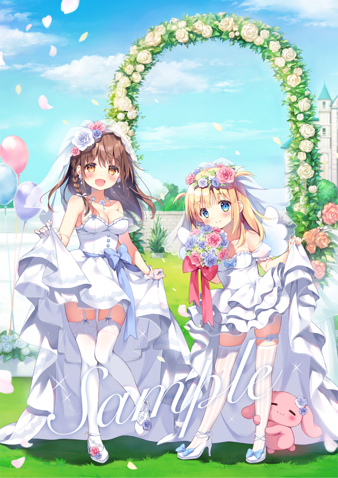2girls arch blonde_hair blue_bow blue_eyes blue_hair bow braid bridal_veil brown_eyes brown_hair cloud commentary_request day detached_sleeves dress flower frilled_dress frills garter_straps high_heels layered_dress long_hair multiple_girls original outdoors pan_(mimi) petals pink_flower pink_rose pleated_dress puffy_short_sleeves puffy_sleeves rose sample see-through shoes short_sleeves single_braid skindentation standing standing_on_one_leg strapless strapless_dress stuffed_animal stuffed_bunny stuffed_toy thighhighs two_side_up veil wedding_dress white_dress white_flower white_footwear white_legwear white_rose white_sleeves