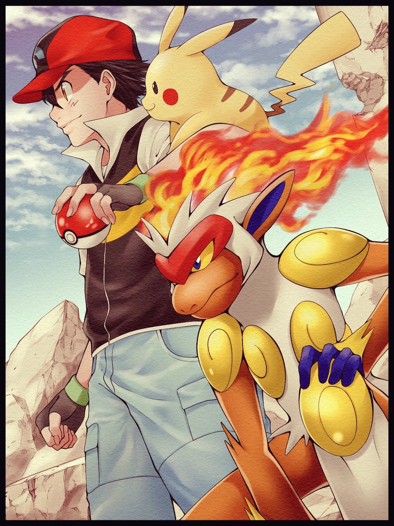 1boy ash_ketchum bangs baseball_cap brown_hair closed_mouth cloud commentary_request day fingerless_gloves fire from_side gloves hat holding holding_poke_ball infernape jacket male_focus outdoors pants pikachu pillar poke_ball poke_ball_(basic) pokemon pokemon_(anime) pokemon_(creature) pokemon_dppt_(anime) red_hayao red_headwear rock short_hair sky smile