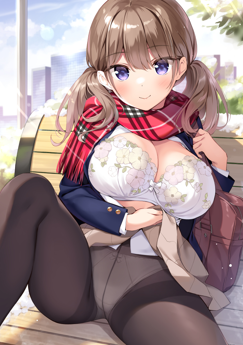 1girl blazer blue_jacket bra breasts brown_hair brown_legwear brown_skirt cleavage clothes_lift fringe_trim jacket knee_up large_breasts lifted_by_self long_hair looking_at_viewer miniskirt open_clothes open_jacket original oryou panties panties_under_pantyhose pantyhose plaid pleated_skirt purple_eyes scarf shirt shirt_lift sitting skirt skirt_lift smile solo thighband_pantyhose twintails underwear white_bra white_panties white_shirt