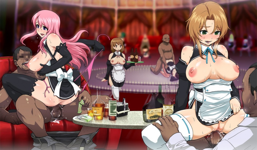 alcohol ass bare_shoulders bb bent_over black_legwear blurry blush bottomless breast_sucking breastless_clothes breasts breasts_outside brown_hair censored condom cowgirl_position cum cum_in_pussy cum_inside dark-skinned_male depth_of_field doggystyle dream_c_club fat_man from_behind futaba_riho girl_on_top green_eyes group_sex identity_censor interracial isako_rokurou large_breasts long_hair maid mio_(dream_c_club) nao_(dream_c_club) nipples penis pink_hair prostitution purple_eyes pussy rui_(dream_c_club) sex short_hair smile spread_legs straddle straddling sweat testicles thighhighs tiger_woods torso_grab upright_straddle vaginal waitress white_legwear