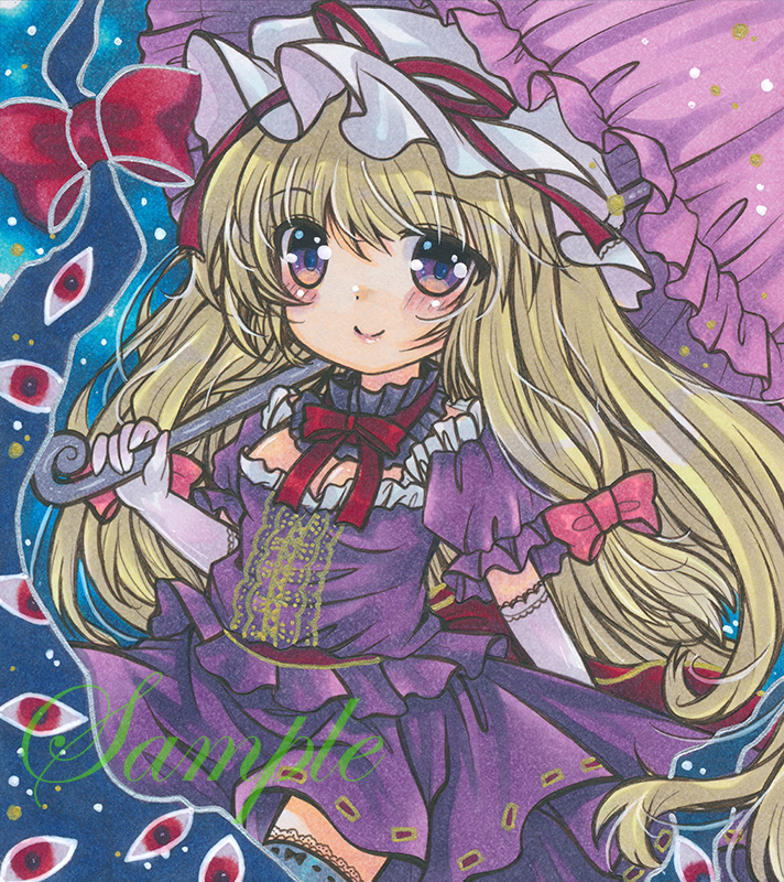 1girl blonde_hair blush closed_mouth elbow_gloves eyebrows_visible_through_hair frilled_umbrella gap_(touhou) gloves hat hat_ribbon holding holding_umbrella long_hair looking_at_viewer marker_(medium) mob_cap neck_ribbon pink_umbrella puffy_short_sleeves puffy_sleeves purple_eyes purple_shirt purple_skirt red_ribbon ribbon ribbon-trimmed_skirt ribbon_trim rui_(sugar3) sample shirt short_sleeves skirt smile solo thighhighs touhou traditional_media umbrella very_long_hair white_gloves white_headwear yakumo_yukari zettai_ryouiki