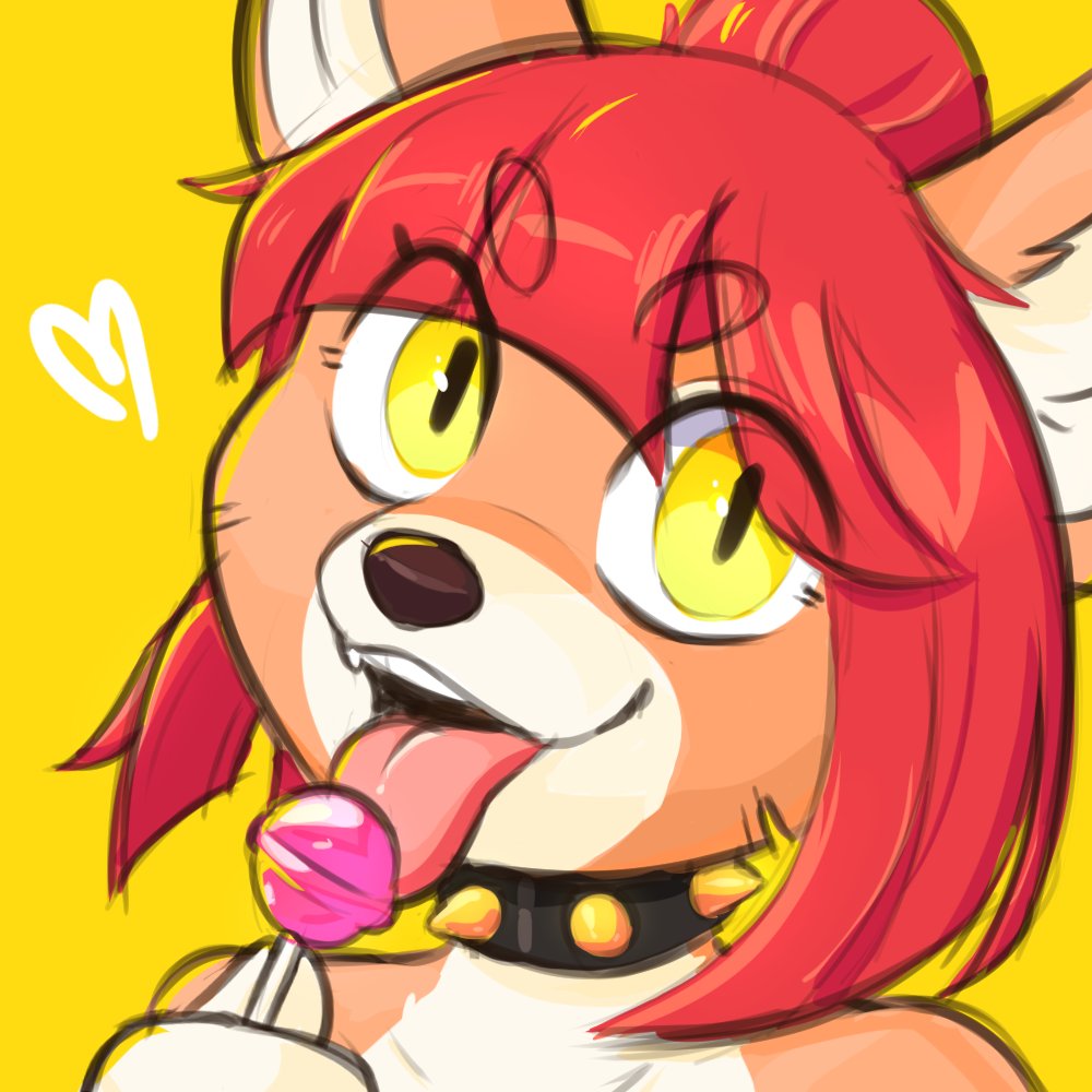 &lt;3 2021 anthro candy canid canine canis dessert domasarts domestic_dog food hair heiko_(domasarts) lollipop mammal open_mouth open_smile red_hair simple_background smile solo tongue tongue_out yellow_background yellow_eyes