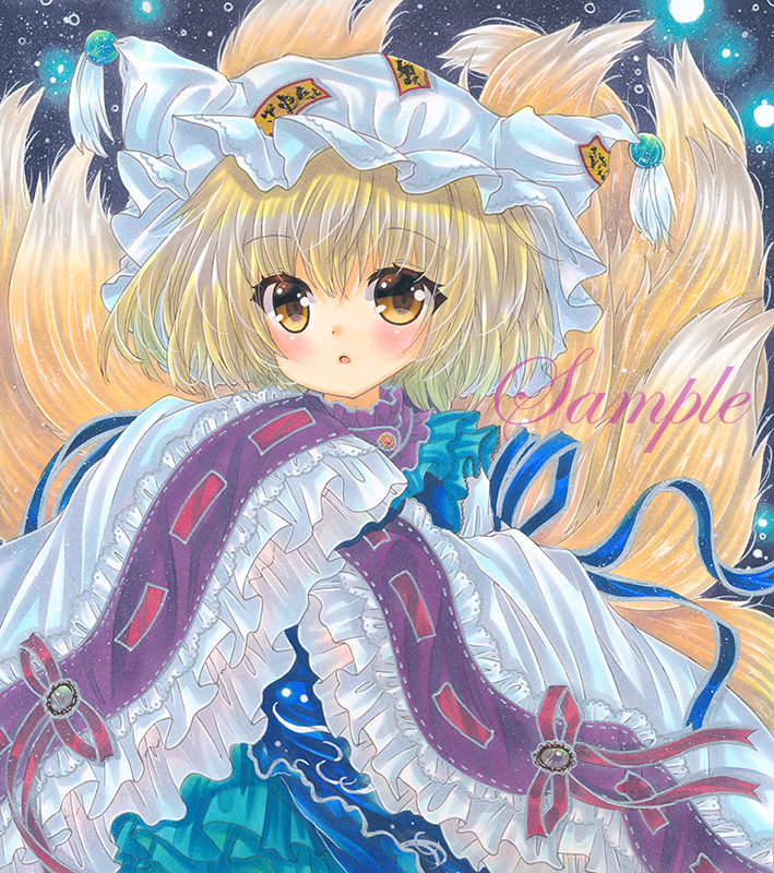 1girl :o blonde_hair blue_ribbon blue_tabard blush brooch dark_background dress eyebrows_visible_through_hair frilled_shirt_collar frilled_sleeves frills hat jewelry long_sleeves looking_at_viewer marker_(medium) ofuda ofuda_on_clothes open_mouth pillow_hat red_ribbon ribbon ribbon-trimmed_sleeves ribbon_trim rui_(sugar3) sample short_hair sleeve_ribbon sleeves_past_fingers sleeves_past_wrists solo tassel touhou traditional_media white_dress white_headwear wide_sleeves yakumo_ran yellow_eyes