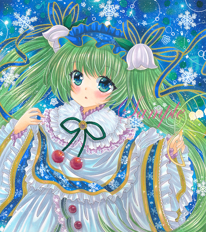 1girl :o blue_background blue_eyes blue_hairband blue_ribbon blush brooch capelet cherry eyebrows_visible_through_hair flower food frilled_capelet frilled_hairband frilled_sleeves frills fruit green_hair hair_flower hair_ornament hair_ribbon hairband hatsune_miku head_tilt holding holding_flower jewelry leaf lily_of_the_valley long_hair long_sleeves looking_at_viewer marker_(medium) open_mouth print_capelet ribbon rui_(sugar3) sample snowbell_(flower) snowflake_background snowflake_print solo traditional_media treble_clef upper_body very_long_hair vocaloid white_capelet white_flower wide_sleeves yuki_miku yuki_miku_(2015)