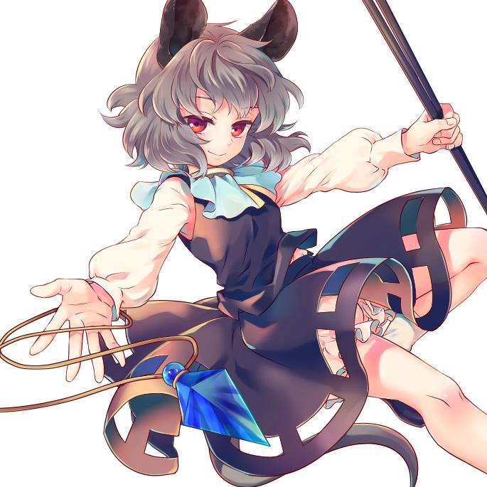 1girl ahoge animal animal_ear_fluff animal_ears arm_up bangs black_skirt black_vest bloomers blue_background blue_capelet blue_ribbon blush bobby_socks capelet closed_mouth dot_nose eyelashes gold_trim grey_hair jewelry l long_sleeves looking_at_viewer mouse_ears mouse_girl mouse_tail nazrin pendant puffy_sleeves red_eyes ribbon shiny shiny_hair shirt shoes short_hair simple_background skirt socks solo tail tomobe_kinuko touhou underwear vest white_legwear white_shirt wrist_cuffs