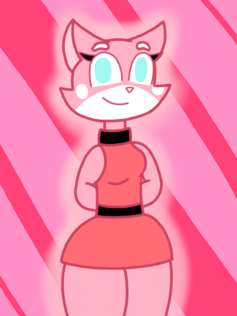 2021 anthro blue_eyes breasts clothed clothing domestic_cat dress felid feline felis female fur looking_at_viewer mammal pattern_background pink_background pink_body pink_clothing pink_dress pink_fur shima_luan simple_background smile smiling_at_viewer solo striped_background super_planet_dolan white_body white_fur