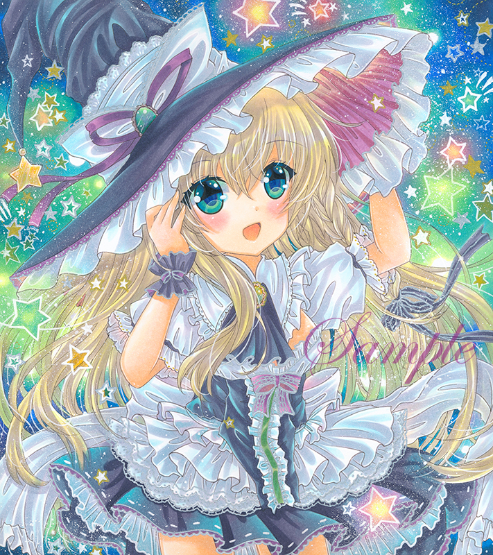 1girl :d ascot back_bow black_ascot black_headwear black_ribbon black_skirt black_vest blonde_hair blue_background blue_eyes bow cowboy_shot eyebrows_visible_through_hair frilled_hat frills green_background green_brooch hair_between_eyes hair_ribbon hands_on_headwear hat hat_ribbon kirisame_marisa large_hat long_hair looking_at_viewer marker_(medium) open_mouth puffy_short_sleeves puffy_sleeves purple_ribbon ribbon rui_(sugar3) sample shirt short_sleeves skirt skirt_set smile solo star_(symbol) touhou traditional_media vest white_bow white_shirt witch_hat wrist_cuffs