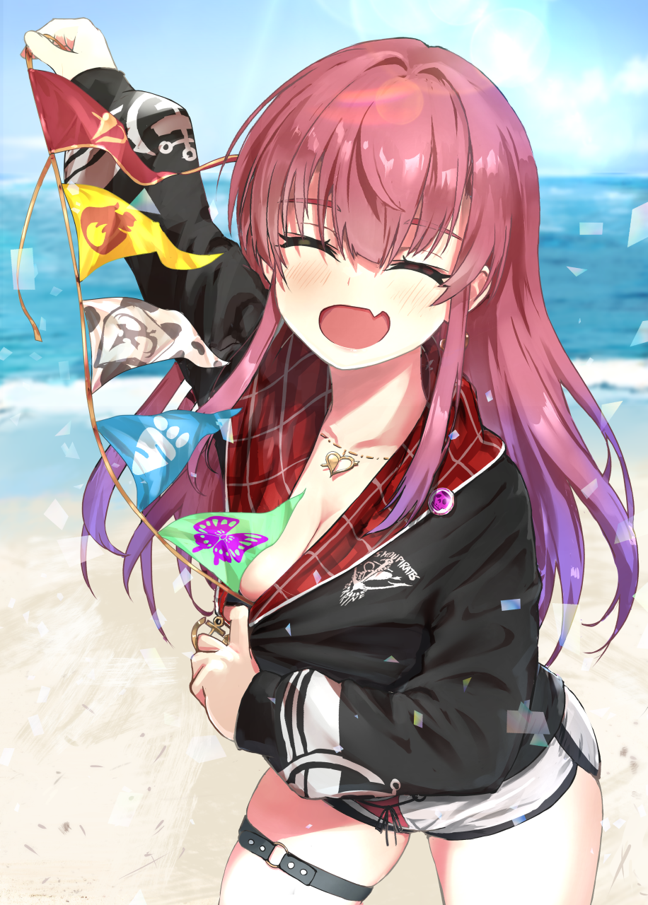 1girl :d ^_^ bait_and_switch bangs beach black_jacket breasts cleavage closed_eyes commentary cowboy_shot day dolphin_shorts earrings eyebrows_visible_through_hair facing_viewer fang gradient_hair hair_between_eyes highres hololive houshou_marine jacket jewelry large_breasts long_hair long_sleeves multicolored_hair necklace outdoors purple_hair red_hair shorts sidelocks skin_fang smile solo string_of_flags thigh_strap virtual_youtuber wankosukii