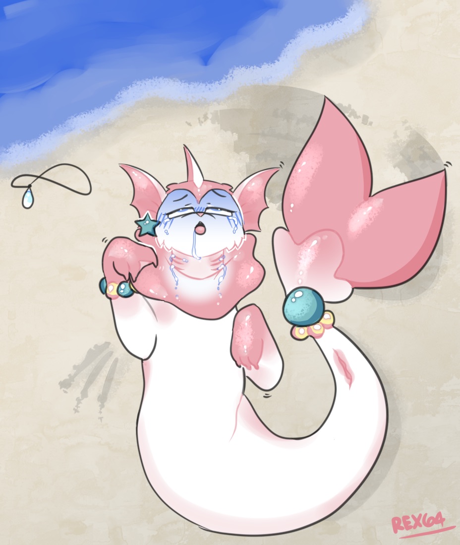 air_drowning asphyxiation beach beached bodily_fluids drooling eeveelution female feral genitals gills jewelry leaking_gills necklace nintendo pok&eacute;mon pok&eacute;mon_(species) primarina pussy rex64 saliva seaside solo tears vaporeon video_games