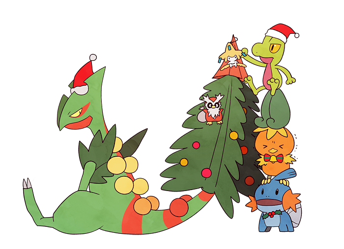 &gt;_&lt; closed_mouth commentary_request delibird hat hatted_pokemon jaho jirachi looking_back mega_pokemon mega_sceptile mudkip open_mouth pokemon pokemon_(creature) red_headwear santa_hat sceptile sitting torchic treecko