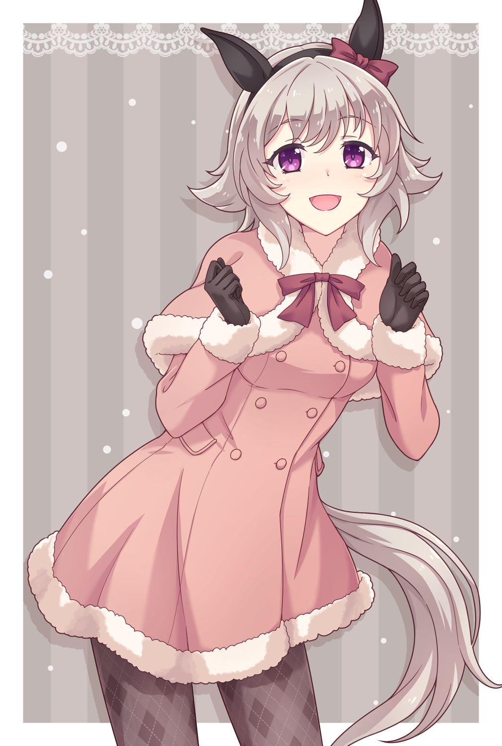 1girl :d animal_ears argyle argyle_legwear bangs black_gloves black_hairband bow capelet curren_chan_(umamusume) dress e20 ear_bow eyebrows_visible_through_hair fur-trimmed_capelet fur-trimmed_dress fur-trimmed_sleeves fur_trim gloves grey_hair hair_between_eyes hairband hands_up highres horse_ears horse_girl horse_tail pantyhose pink_capelet pink_dress purple_eyes red_bow smile snowing solo standing striped striped_background tail umamusume vertical_stripes