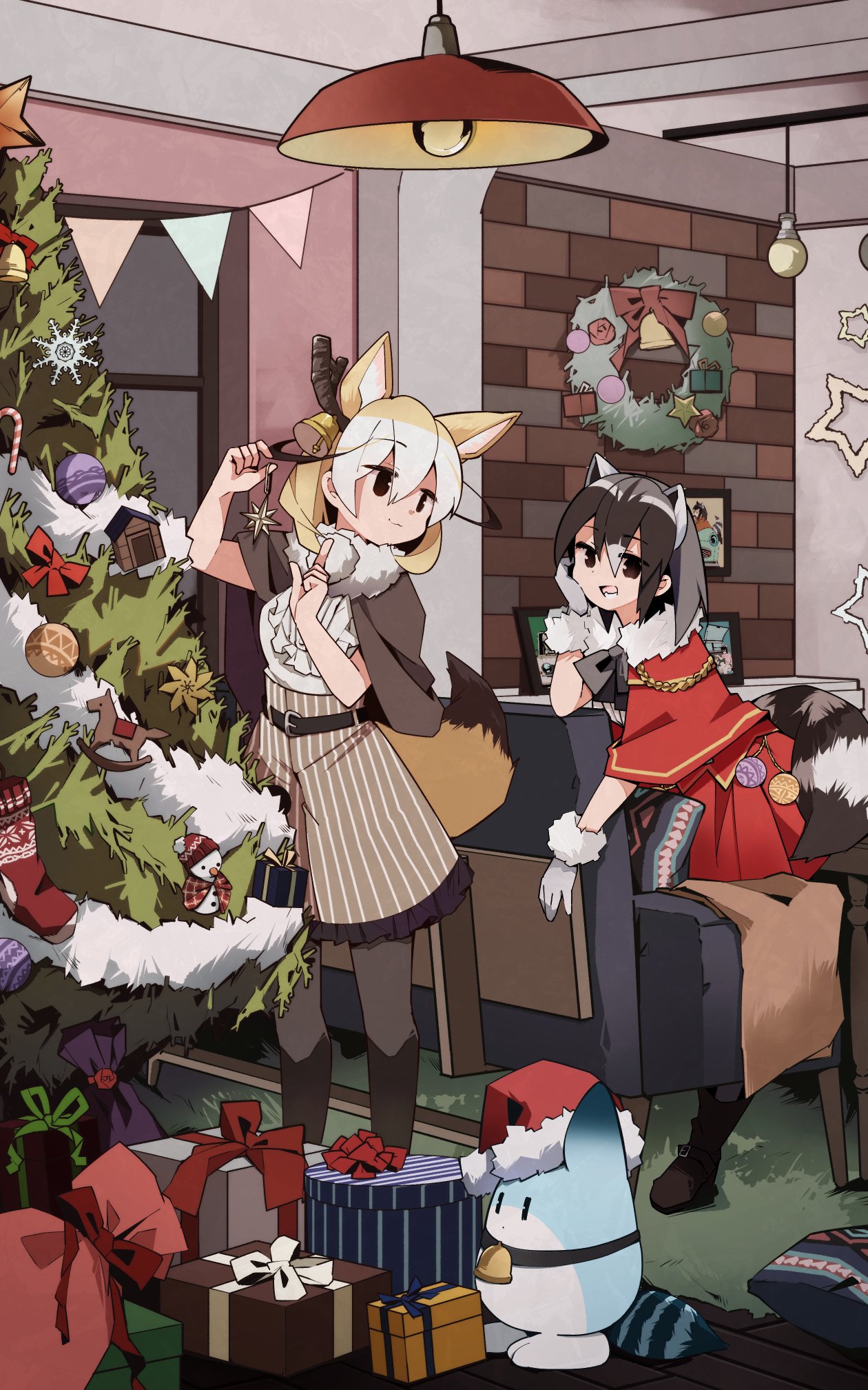 2girls alternate_costume animal_ears bell black_hair blonde_hair brown_capelet brown_eyes brown_legwear brown_skirt capelet christmas christmas_ornaments christmas_tree commentary_request common_raccoon_(kemono_friends) dress extra_ears eyebrows_visible_through_hair fennec_(kemono_friends) fox_ears fox_girl fox_tail fur_trim gift gloves grey_hair hair_bell hair_ornament hat highres kemono_friends lucky_beast_(kemono_friends) multiple_girls nanana_(nanana_iz) pantyhose pinstripe_skirt raccoon_ears raccoon_girl raccoon_tail red_capelet red_dress santa_hat shirt short_hair skirt tail white_gloves white_hair white_shirt