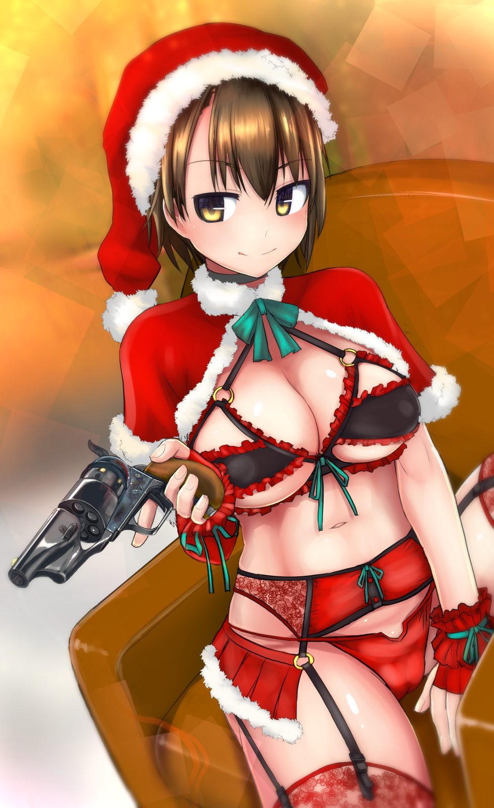 1girl armchair azuma_itsuki bangs bra breasts brown_eyes brown_hair capelet chair christmas cleavage closed_mouth commentary fingerless_gloves frilled_bra frills fur-trimmed_capelet fur_trim gloves gun handgun hat highres holding holding_gun holding_weapon large_breasts lingerie looking_at_viewer microskirt navel on_chair panties red_bra red_capelet red_garter_belt red_gloves red_headwear red_legwear red_panties red_skirt revolver santa_costume santa_hat short_hair sitting skirt smile solo string_panties tapioca_western thighhighs tokihama_jirou trigger_discipline underwear weapon