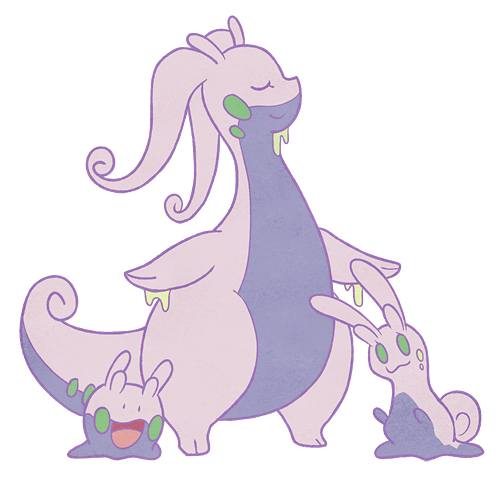 :d black_eyes closed_eyes closed_mouth commentary_request evolutionary_line eyelashes goodra goomy green_eyes jaho lowres open_mouth pokemon pokemon_(creature) sliggoo smile standing toes tongue white_background