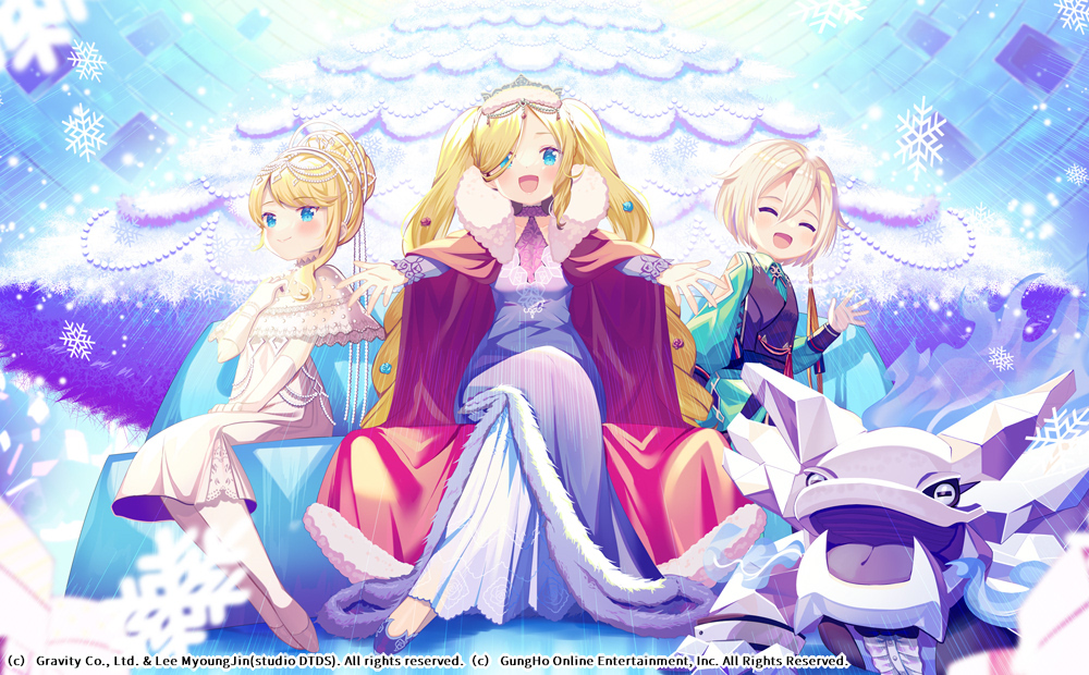 1boy 2girls bangs black_vest blonde_hair blue_dress blue_eyes capelet cloak closed_eyes closed_mouth collared_shirt commentary_request dress elbow_gloves eyebrows_visible_through_hair full_body gloves green_shirt hair_bun ikari_(aor3507) ktullanux long_hair looking_at_viewer multiple_girls official_art open_mouth oscar_(ragnarok_online) princess_meer ragnarok_online red_cloak shirt short_hair smile snow snowflakes spica_nerius twintails vest white_capelet white_dress white_gloves
