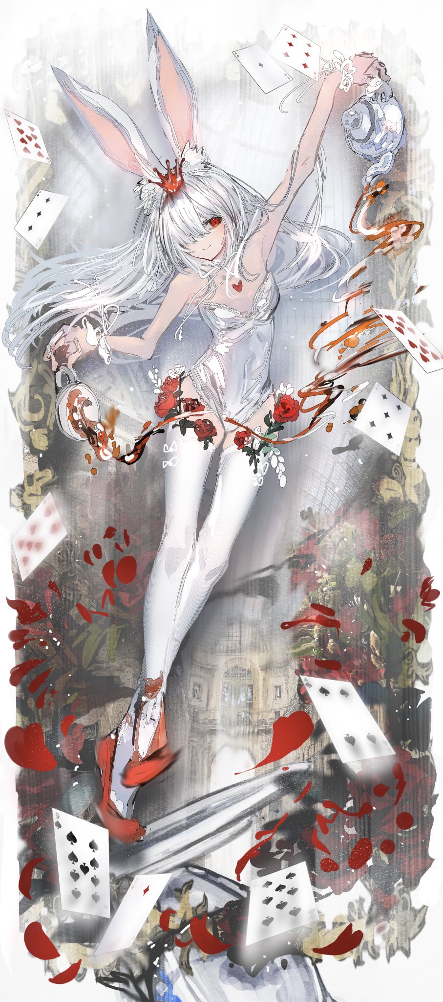 1girl animal_ear_fluff animal_ears bare_arms breasts card closed_mouth crown cup flower full_body hair_over_one_eye highres leotard long_hair looking_at_viewer mini_crown nanaponi one_eye_covered original playing_card rabbit_ears red_eyes red_flower red_footwear red_rose rose small_breasts smile solo strapless strapless_leotard symbol-only_commentary tea teacup teapot thighhighs white_hair white_legwear white_leotard wrist_cuffs