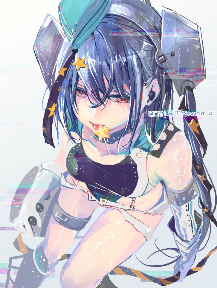 1girl aqua_headwear banned_artist black_swimsuit brown_eyes candy competition_swimsuit dated feet_out_of_frame food from_above garrison_cap grey_hair hair_between_eyes hair_ornament hat headgear highleg highleg_swimsuit kantai_collection long_hair nacht one-piece_swimsuit scamp_(kancolle) side_ponytail solo star_(symbol) star_hair_ornament swimsuit tongue tongue_out twitter_username